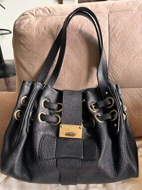 Jimmy Choo Ramona Leather Shoulder Bag Tote Satchel Hobo Bag - Black & Gold